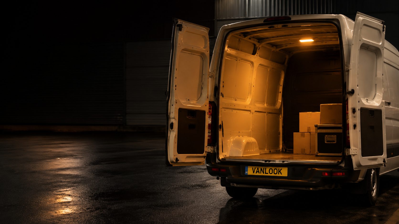 The open rear load space of a VanLook van at night, boxes and a case loaded inside